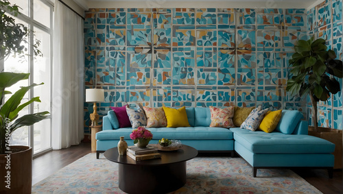 Interior design with a sky-blue sectional sofa on a vibrant patterned wall. photo