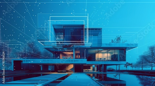 A smart home designed in the blueprint style with modular design, dimensional multilayering, cyan color scheme, light black and blue hues, and line and dot work photo