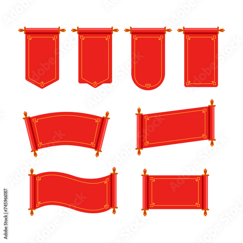 Set of red ancient scrolls. Chinese scroll set. Vector illustration