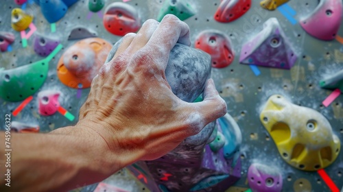 Climber, sport background - Close up hand view of a man holding on to the handles of a wall in a climbing gym or climbing hall