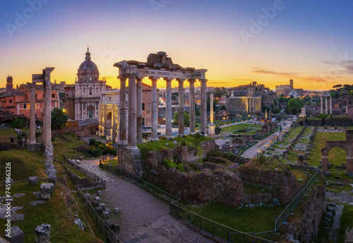 Sunrise with panoramic view of the skyline of the Roman Forum in Rome, Italy