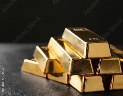 Gold bars and gold nuggets on a dark background, space for text or advertising