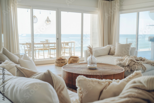 Coastal beach house interior with breezy textiles, nautical accents.