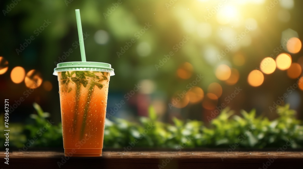 Freshly squeezed carrot juice on blurred green bokeh background with ample space for text Freshly squeezed carrot juice on blurred green bokeh background with ample space for text