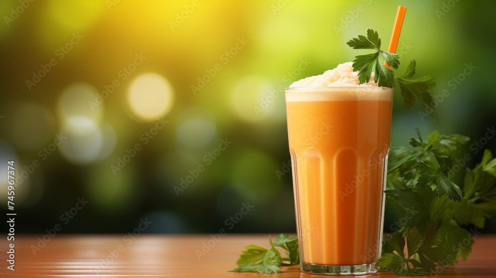 Refreshing carrot juice on green bokeh background with copy space, healthy drink concept Refreshing carrot juice on green bokeh background with copy space, healthy drink concept
