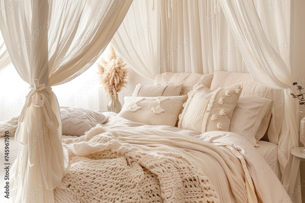 Chic bedroom interior with a luxurious canopy bed, soft linens. Chic bedroom interior with a luxurious canopy bed, soft linens.