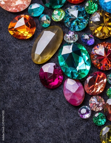 Colorful mixed gemstones on a gray background