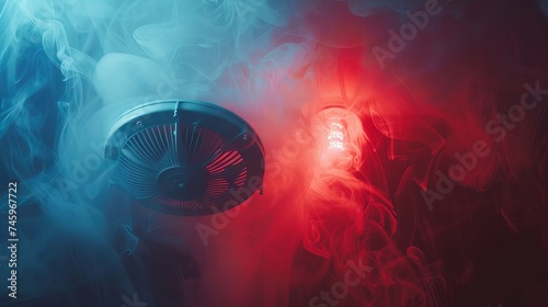 Smoke detector and fire alarm in action background with copy space photo