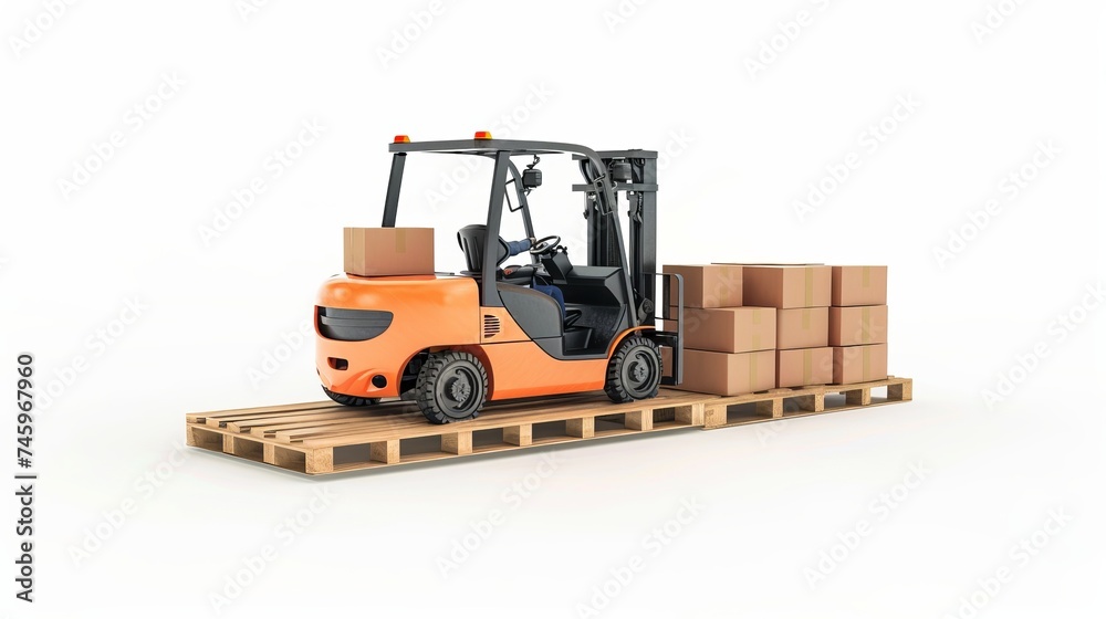 A pallet containing cardboard boxes is being raised by the forklift truck against a white backdrop. 3D illustration