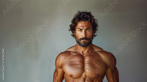 30s hispanic confident man shirtless torso, muscular and strong, isolated grey background, Horizontal view © Favio