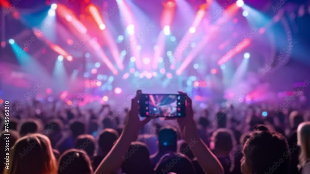 Hand with a smartphone records live music festival and taking photo of concert stage live concert luxury party festival. Blurred effect. 4k video colorful light beams neon Hand with a smartphone records live music festival and taking photo of concert stage live concert luxury party festival. Blurred effect. 4k video colorful light beams neon