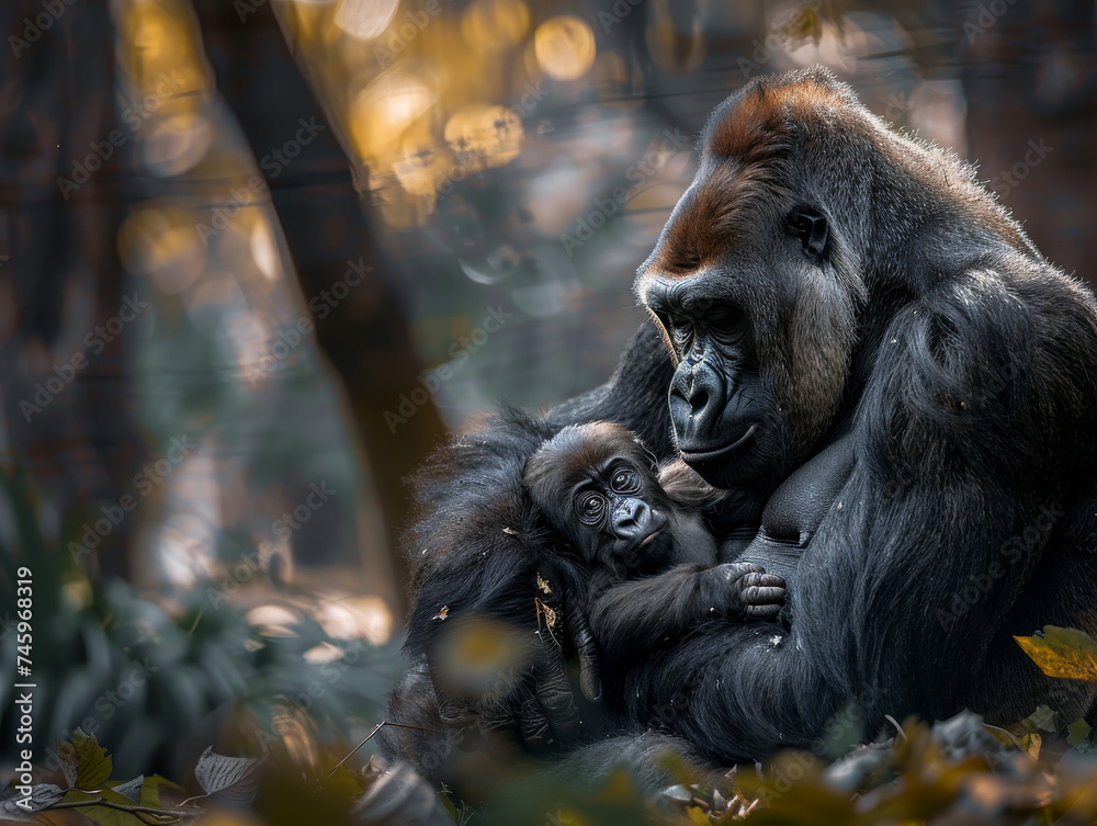 A gorilla mother and her baby amidst lush foliage, sharing a tender family moment.