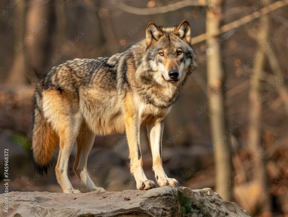 A grey wolf standing on a rock, looking intently, with autumnal woods in the background.
