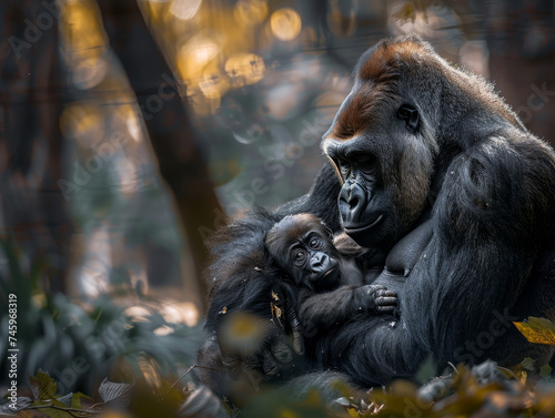 A gorilla mother and her baby amidst lush foliage, sharing a tender family moment.