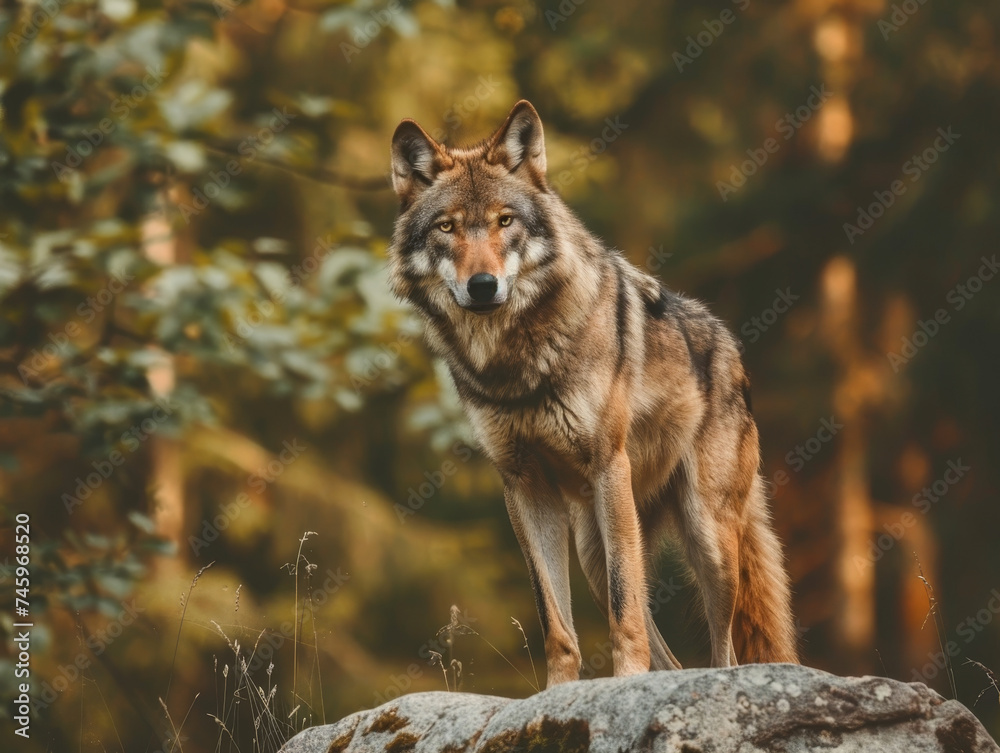 A grey wolf standing on a rock, looking intently, with autumnal woods in the background. A grey wolf standing on a rock, looking intently, with autumnal woods in the background.