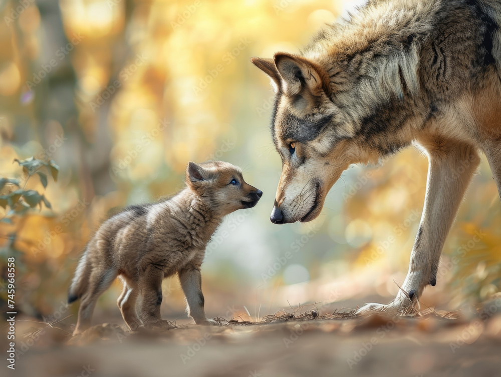 A wolf cub looks up at an adult grey wolf amidst a golden autumn forest.
