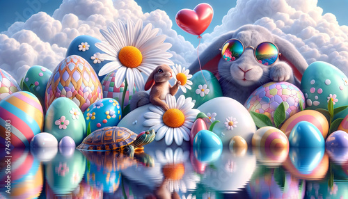 Whimsical scene with a fluffy rabbit in sunglasses,a heart balloon,and a turtle, surrounded by reflective Easter eggs and daisies under a cloudy sky with copy space.Happy Easter greeting card.AI gener © Czintos Ödön