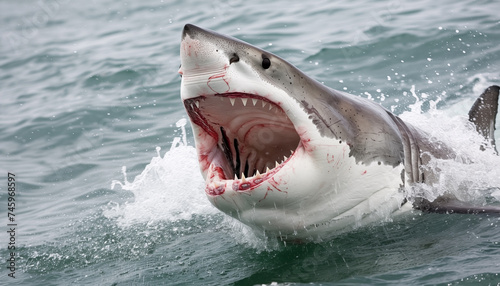 Attack of Great white shark breaching the surface with mouth open.