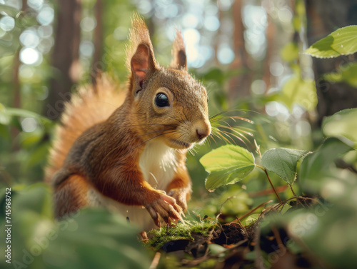 Close view of a red squirrel among leaves  with detailed fur and bright  curious eyes.