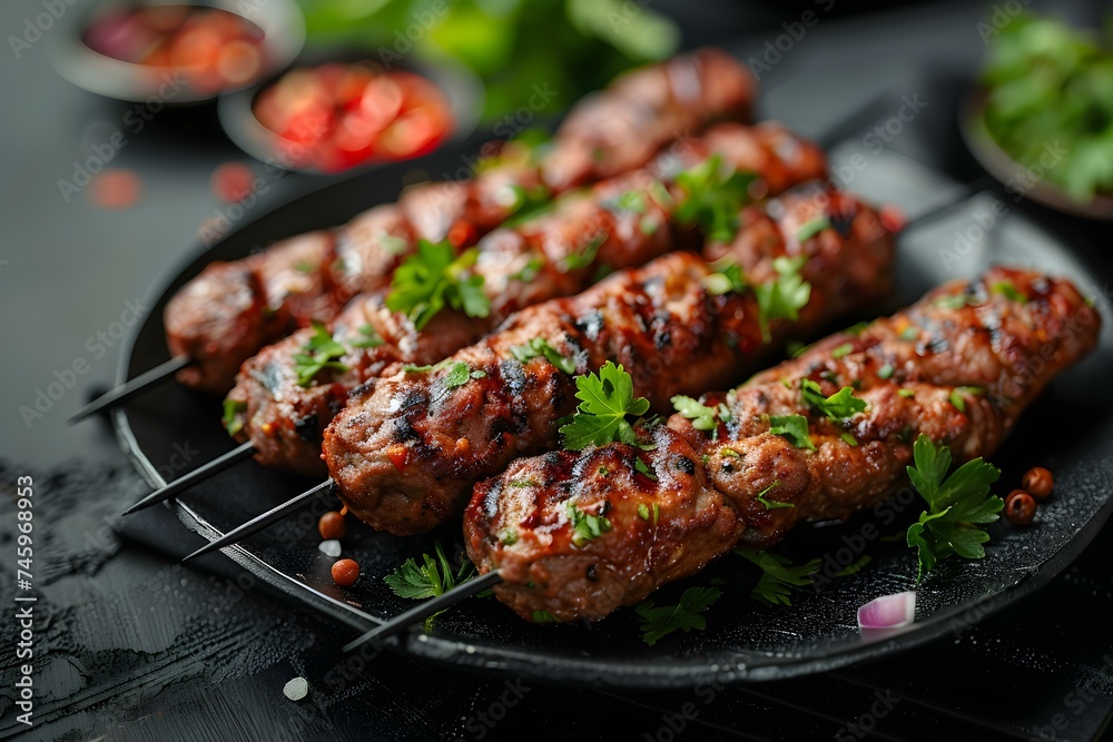 Top view of Ali Nazik Kebab on a black background - Traditional Turkish Cuisine. Concept Turkish Cuisine, Ali Nazik Kebab, Top View, Black Background, Traditional Dish