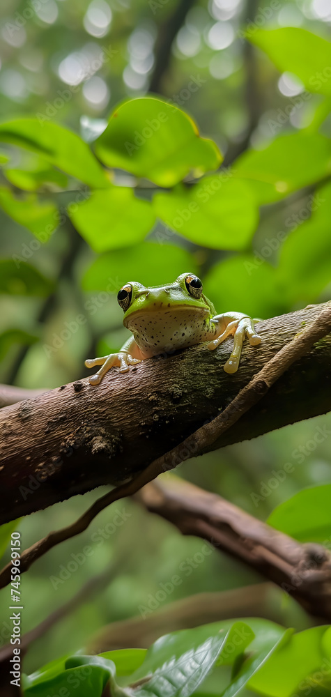 A frog resting on a tree branch in dense jungles