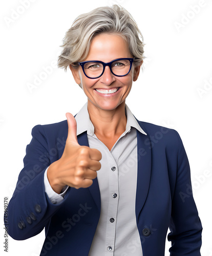 Successful middle-aged business woman smiling and giving thumbs up happily on PNG transparent background