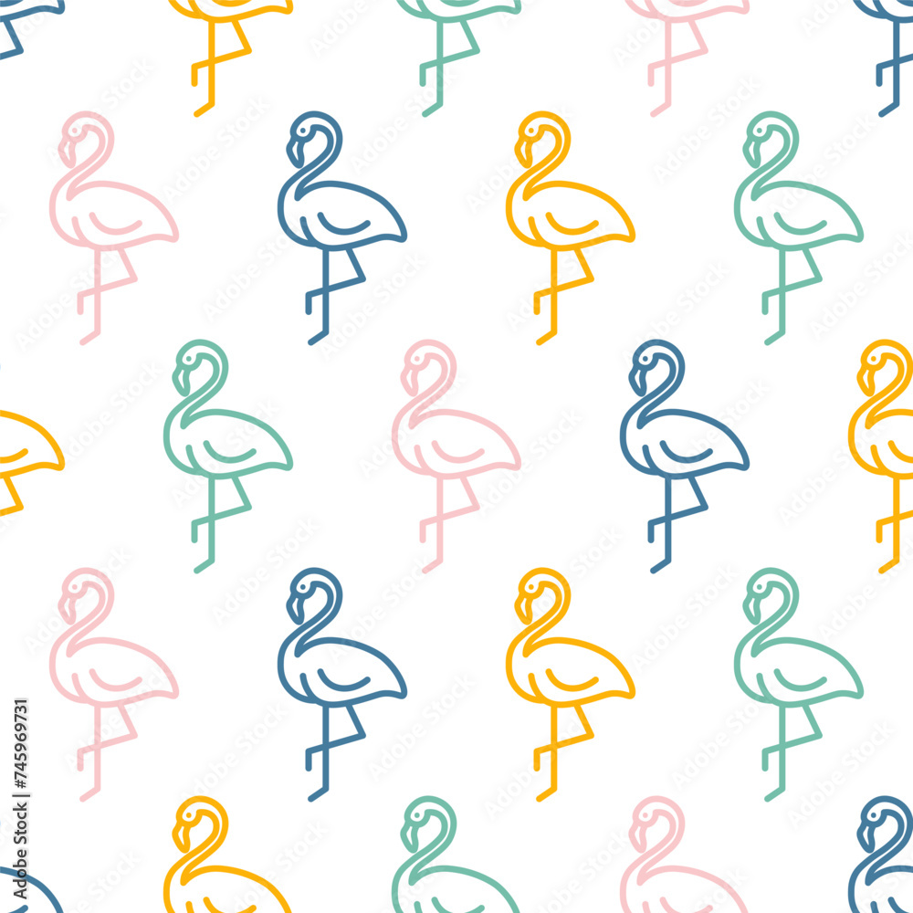 Obraz premium Seamless pattern with colorful outline flamingo