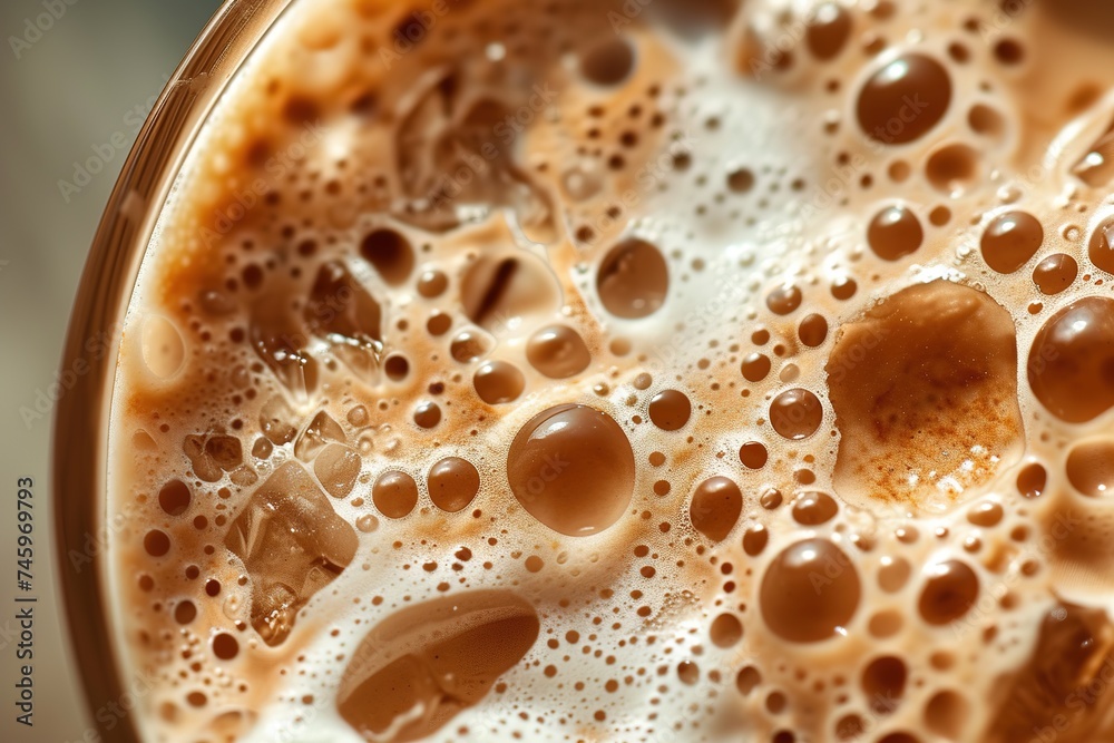 Foamy iced coffee in glass. Top view. Foamy iced coffee in glass. Top view.