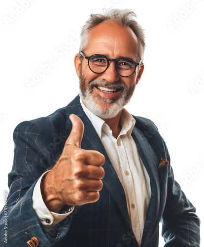 Successful middle-aged male businessman smiling and giving thumbs up happily on PNG transparent background