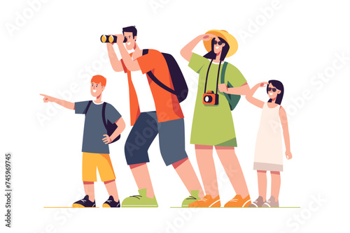 Happy traveling tourist family. Vector illustration