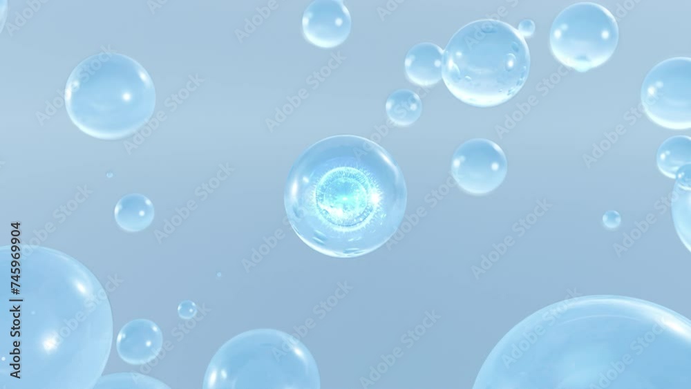 Cosmetics 3D animation of several atoms floating in the water. Liquid bubbles with particles, cosmetic essence, and water background. Cosmetics 3D animation of several atoms floating in the water. Liquid bubbles with particles, cosmetic essence, and water background.