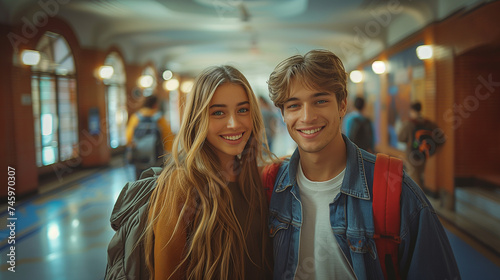 Two white college students classmates smiling, guy and girl with backpacks