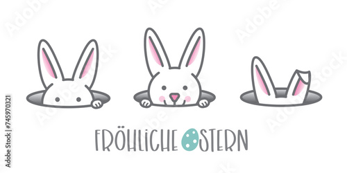 Fröhliche Ostern - Ostergruß mit  drei Osterhasen und deutschem Text