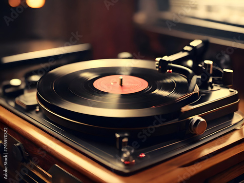 A vintage record player spinning a vinyl record, soft light illuminating the room