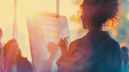 A facilitator writing positive affirmations on a whiteboard with a small group watching, fostering a positive environment, mental health support group, blurred background, with copy space