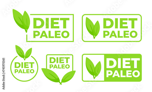 Set of green Paleo Diet labels featuring leaf symbols, suitable for health food and dietetic product branding.