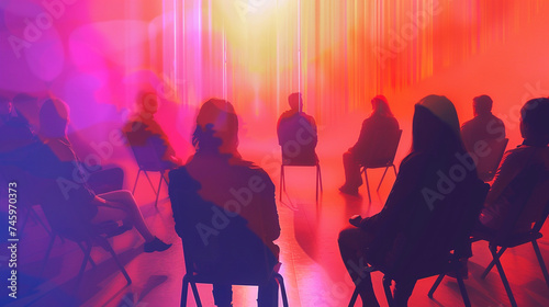 A circle of chairs with a few people seated and talking openly, representing a safe space for sharing and support, mental health support group, blurred background, with copy space