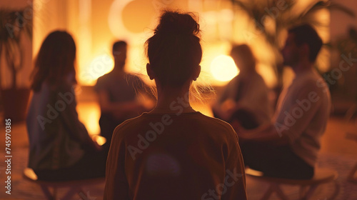 A group sitting in a semi-circle, engaged in a guided meditation led by a therapist, illustrating mindfulness practice, mental health support group, blurred background, with copy space