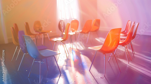 A circle of chairs with a few people seated and talking openly, representing a safe space for sharing and support, mental health support group, blurred background, with copy space
