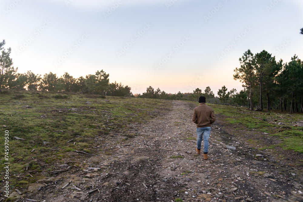 A Unrecognizable Man Walking Alone On A Dirt Road In A Forest