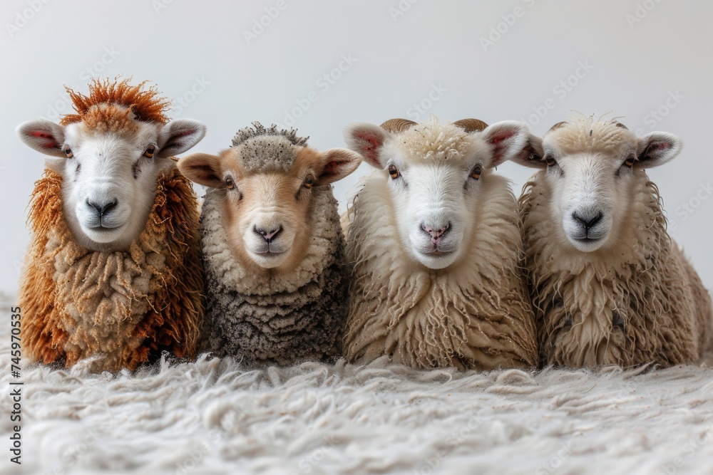 Fototapeta premium Cute Sheep and lambs graze peacefully in a green meadow on a farm during spring