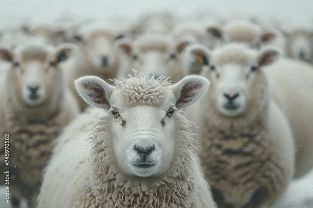 Cute Sheep and lambs graze peacefully in a green meadow on a farm during spring