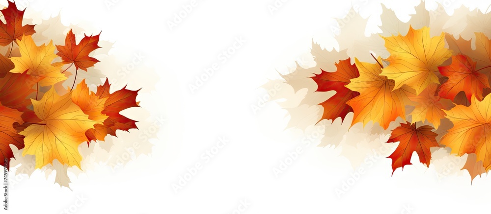 Two vibrant images of autumn leaves, showcasing the beauty of Maple leaves against a clean white background. These leaves feature rich hues of red, orange, and yellow, symbolizing the fall season. Two vibrant images of autumn leaves, showcasing the beauty of Maple leaves against a clean white background. These leaves feature rich hues of red, orange, and yellow, symbolizing the fall season.