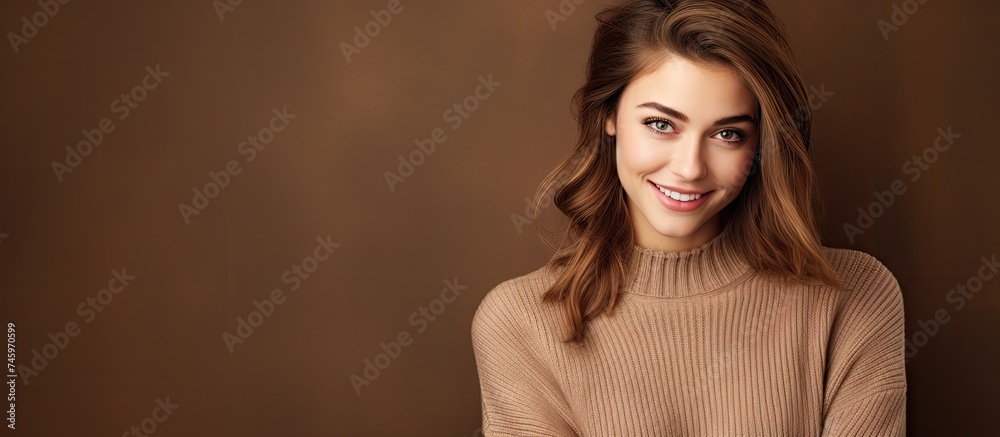 An attractive young woman in a brown sweater is posing for a picture in a studio setting with a brown background. She stands confidently while looking into the camera. An attractive young woman in a brown sweater is posing for a picture in a studio setting with a brown background. She stands confidently while looking into the camera.