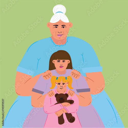 women of different generations standing together. Women's support and protection, the union of feminists or motherhood. The concept of the female empowerment movement.