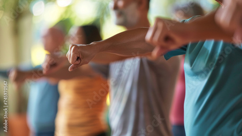 A group of people doing gentle stretching exercises together in a support group setting, promoting physical wellness alongside mental health, mental health support group