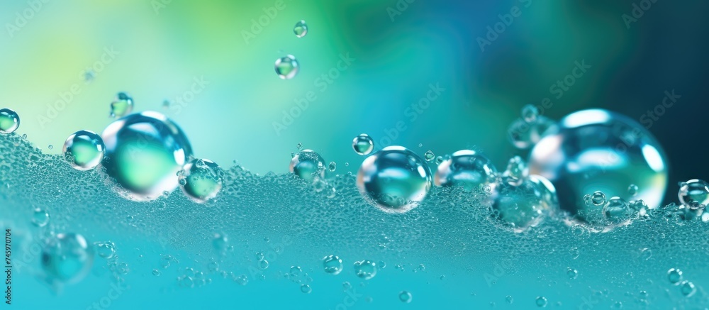 A detailed view capturing numerous water droplets resting on a smooth blue surface, creating a fascinating pattern with light reflections.