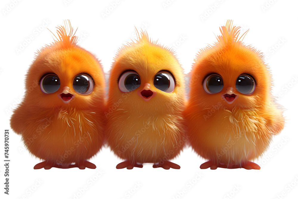 A 3D animated cartoon render of fluffy baby chicks hatching from eggs.