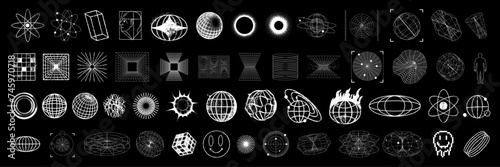 3D cyberpunk grid y2k wireframe icon vector set, warp retro futuristic geometric shape collection. Vintage planet globe cosmic print, techno acid blueprint object kit. Sphere modern futuristic icon