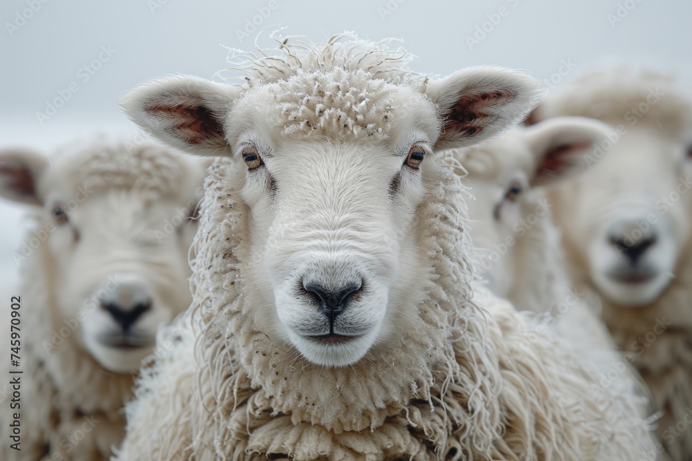 Cute Sheep and lambs graze peacefully in a green meadow on a farm during spring Cute Sheep and lambs graze peacefully in a green meadow on a farm during spring